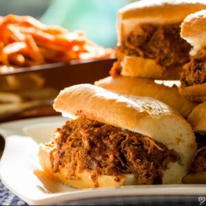 Pulled Pork BBQ Sandwiches with Onion Rings