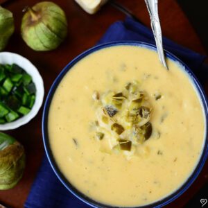 Roasted Poblano and White Cheddar Soup with Tomatillos
